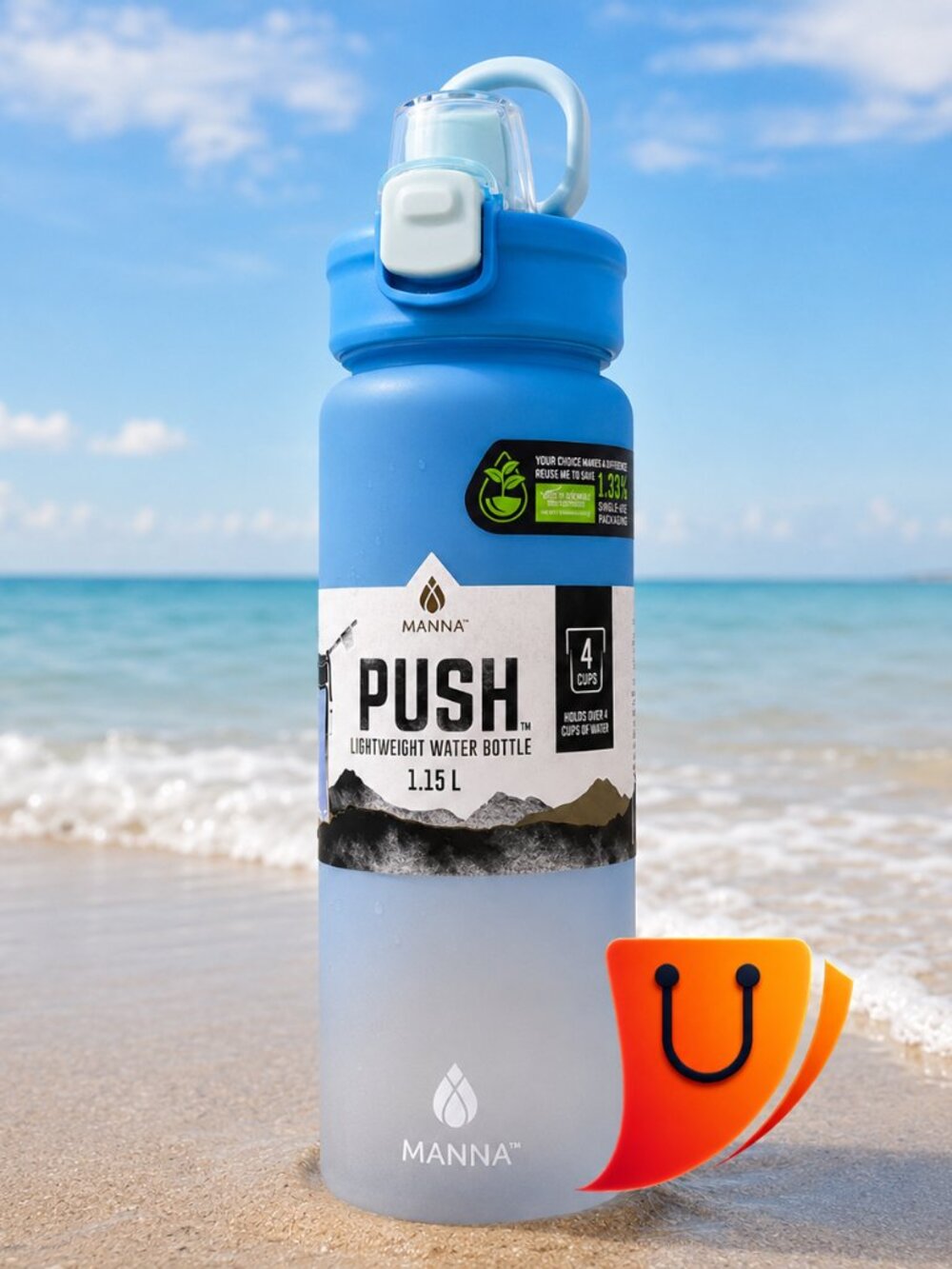 Manna™ Push™ 39 oz (1.15 L) Plastic Water Bottle – Blue Ombre